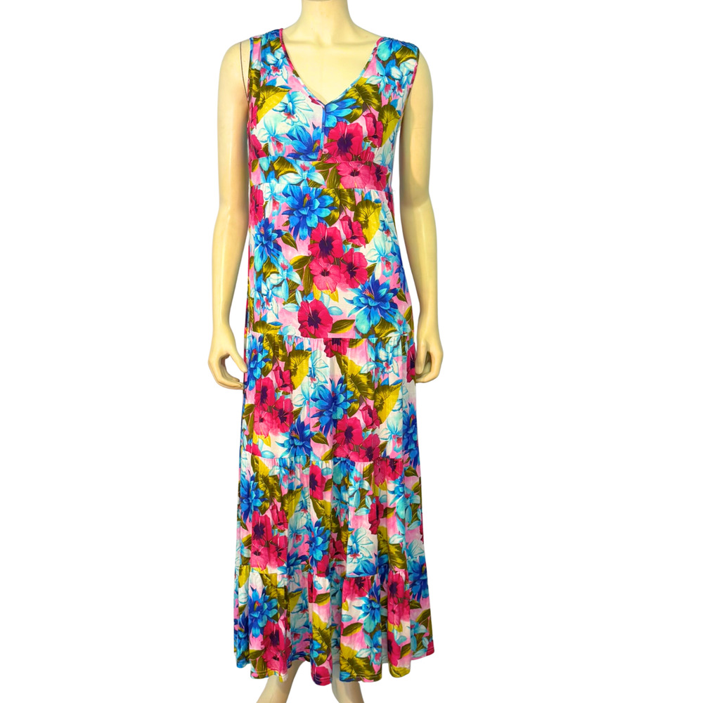 Garnet Hill Sz S Maxi Tank Dress V-Neck Tiered Skirt Bright Tropical Print Knit